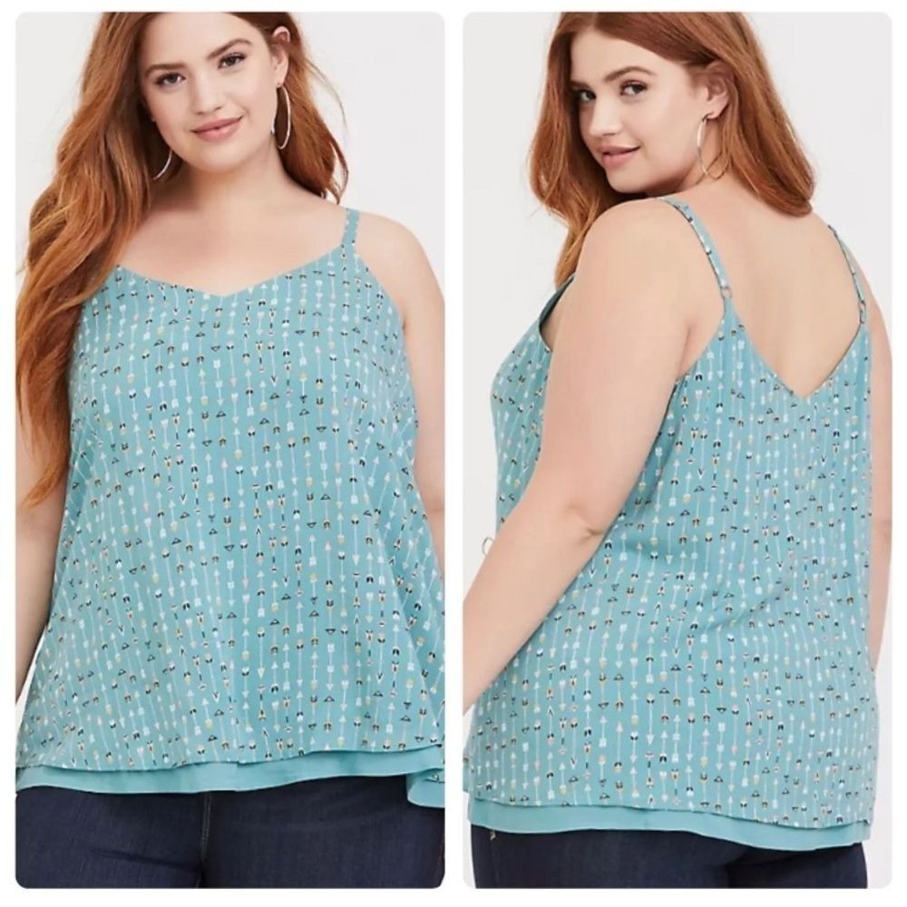 Torrid Cami Top Womens Plus Sz 2 Blue Arrow Print Layered Chiffon Hem Tank Cami